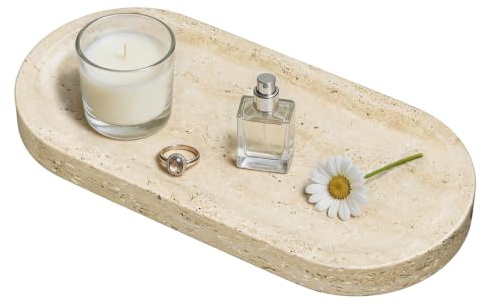 ENUMAIL Decorative Trays with Natural Patterns,25x12x1.8cm,Travertine | Pure Marble Vanity Tray with Anti Slip Foot Pads, Polishing Pallet,Elliptical Stone Bathroom Organizer,Platter for jewelry