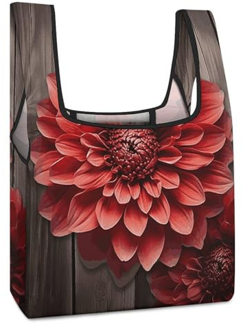 FodPand Flower Red Dahlia Reusable Grocery Bags Tote Bags | Reusable Shopping Bags with Handles Foldable Fashion Washable Storage Pouch Lightweight Polyester Fabric