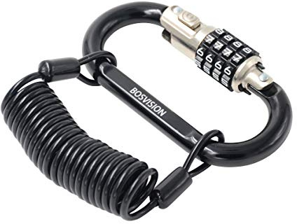 Bosvision Motorcycle Helmet Lock, 4-Digit Combination Carabiner/Karabiner Padlock with with 5' (150cm) Coiled Security Steel Cable…