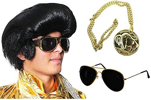 I LOVE FANCY DRESS Rocker Style Set With Medallion, Glasses And Wig Kit - Famous Singer 60s Hairstyle With Glasses + Medallion Popstar Costume