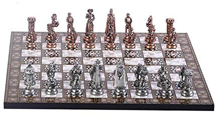 GiftHome Schach aus Kupfer für Erwachsene, mittelalterliche britische Armee, Antikoptik, handgefertigte Stücke und Mosaik-Design, Holz, Schachbrett King 2,75 Inkl.