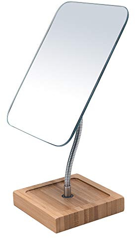 YEAKE Flexibler Schwanenhals-Schminkspiegel aus Bambus, 360° drehbar, 20,3 cm, groß, Rahmenlos, zusammenklappbar, tragbar, Tisch-Schreibtischspiegel mit Ständer, für Badezimmer, Rasur, Make-up,
