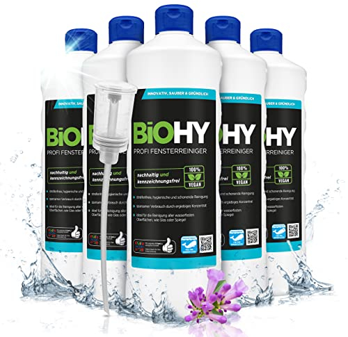 BiOHY Profi Fensterreiniger (6 x 1 Liter) + Dosierer | Glasreiniger Konzentrat | für Fenstersauger geeignet | streifenfreie Reinigung von Glas-, Fenster- & Spiegelflächen | ideal für Haushalt & Auto