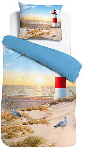 ESPiCO Wende Bettwäsche Sleep and Dream Leuchtturm Bunt Strand Möwe Sturmmöwe Vögel Ostsee Nordsee Sonnenuntergang Düne Renforcé, Größe:155 cm x 220 cm