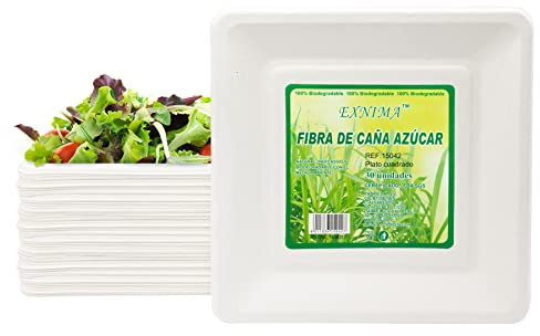 EXNIMA, Pack de 30, 50, 60, 100, 300 ou 500 Assiettes Jetables Biodégradables, en Fibre de Canne À sucre, Naturelles, 100% Biodégradables, Carrés Originaux, Alimentation, Barbecue, Fête, Anniversaire
