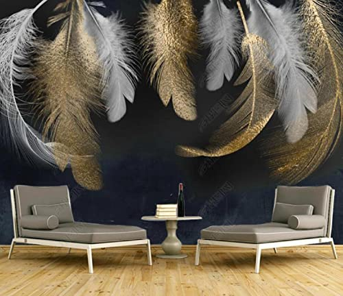 Tapeten Fototapete 3d Effekt Graue Goldene Federn Wandbilder Tapete Wandtapete für Schlafzimmer Wohnzimmer Sofa Tv Hintergrund Wanddekoration,300x210cm