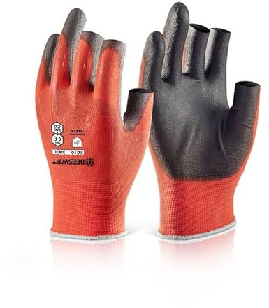 Pack of 10 Beeswift - PU COATED 3 FINGERLESS GLOVE L (SIZE 9) - Red