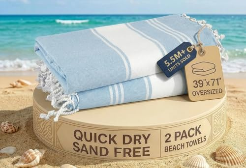 LANE LINEN Beach Towels for Women, 2 Pack Large Beach Towels Oversized, Pre-Washed, No-Shrink Sand Free Beach Towels, Quick Dry, Lightweight Travel Towel,Soft Beach Bath Towel, 39x71 - Sky Blue