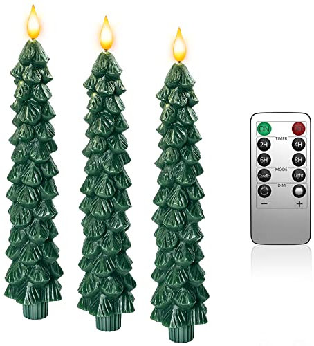 Yme LED Kerzen Weihnachtsbaum mit Timerfunktion und Fernbedienung, 3 Stück Stabkerzen Grün Echtwachs Flackernde Flamme für Winter Home Tannenbaum Deko Weihnachten Geschenkset