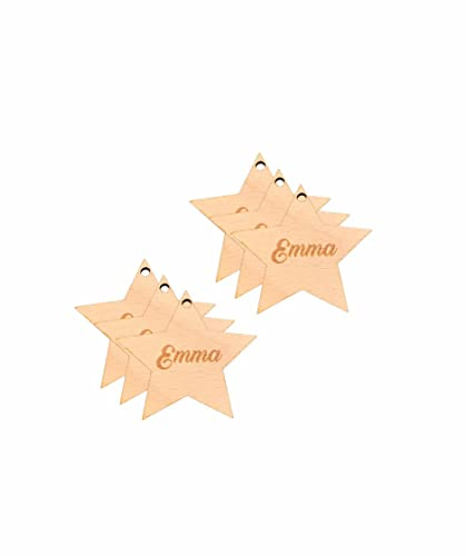 Geschenkanhänger Weihnachten aus Holz | Personalisiert mit eigenen Wunschnamen | Motiv Stern | Holz-Anhänger Weihnachts-Geschenke 6er Set