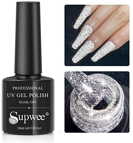 Supwee Reflektierender UV Glitzer-Gel-Nagellack Silber holografisch funkelnd Diamant-Gel Reflective Glitter Nagellack Gelnägel Farben Maniküre 10 ml (0,33 FL OZ)