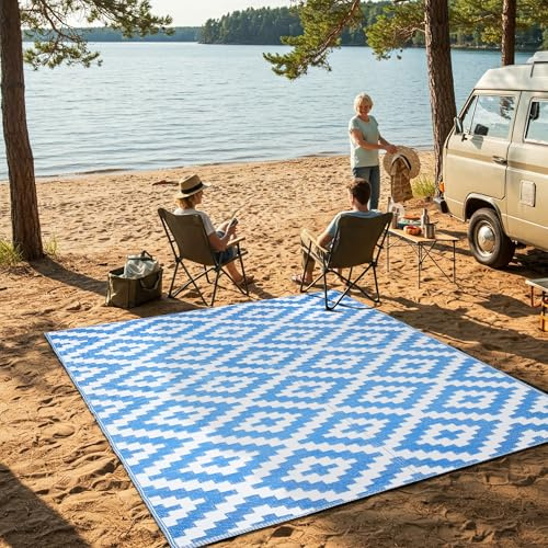 TAPISO Ibiza Alfombra Exterior Plegable Reversible de Plástico Reciclado Resistente Imperméable Blanco Azul Alfombra para Playa Jardín Balcón Pícnic Diseño Moderno Oeko-Tex 120 x 180 cm