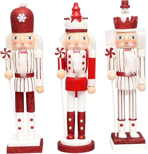 SHATCHI Lot de 3 Casse-Noisettes de Noël en Bois de Sucre d'orge Rouge/Blanc de 38 cm – Figurines de marionnettes royales Soldats décoration d'intérieur