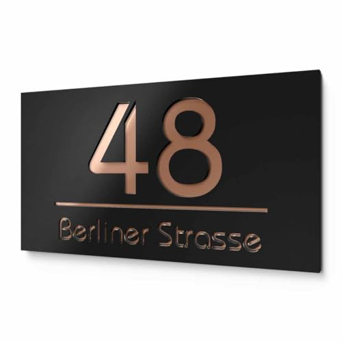 Elegante Edelstahl-Acryl Hausnummer in Schwarz & Bronze - hochwertiges Hausnummernschild 36x20 cm groß | optional zum kleben, mit Bolzen oder Silikon | personalisiertes Haustürschild