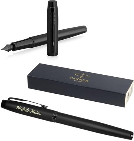 PARKER IM Achromatic Füllfederhalter mit Gravur | Premium Stift | Geschenkbox | blaue Pantrone | edel | personalisiertes Geschenk | Namen | graviert | Jahrestag | Geburtstag (Matt-Schwarz)
