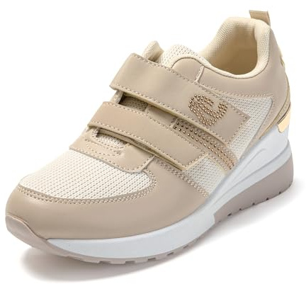 JOMIX Scarpe Donna Comode con Zeppa Sneakers Sportive Eleganti con Chiusura a Strappo Leggere Traspiranti Antiscivolo per Camminare Lavoro Tempo Libero Moda Casual Comfort Beige 37