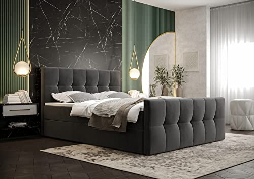 PAMIR24 Boxspringbett 180x200 mit Bettkasten und einem leichten Öffnungsmechanismus ausgestattet Bonell-Feder Matratzen und T30-Schaum Doppelbett mit Matratze und Topper Matratzenhärtegrad - H3 Grau