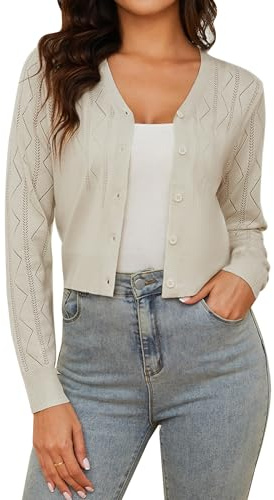 Irevial Bolero Damen Langarm Kurz Strickjacke V-Ausschnitt Knopf Aprikose M
