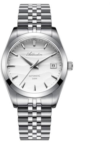 ADDIESDIVE Orologi automatici da uomo NH35A movimento meccanico analogico in cristallo zaffiro quadrante bianco 39 mm, 2059 acciaio bianco, Minimalista