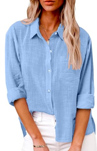 Friptspyg Blusa de Mujer con Cuello en V y Manga Larga 100% Algodón Casual con Bolsillo Suelta y Versátil para Verano, Azul Cielo L