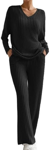 Generisch Damen Zweiteilige Strick-Sets – Hausanzug Lässiger Einfarbig V-Ausschnitt Pullover für Den Herbst Neue + Strickhosen mit Gerades Bein und Taschen, Weiche Bequeme Loungewear Set, Hosenanzüge