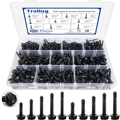450PCS Self Tapping Screws for Metal, 410 Stainless Steel Self Drilling Screws #8#10 Hex Head Sheet Metal Screws Assortment Kits, Length 1/2 to 1-1/4'' (Black)
