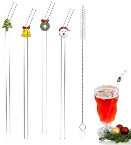 Heloner 4 cannucce riutilizzabili in vetro con spazzola per la pulizia, graziose cannucce in vetro infrangibili, con design natalizio per succhi, frullati, frappè, tè