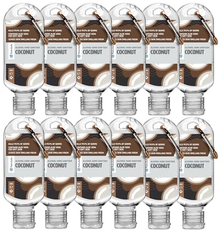 Palm Safe Coconut 12 Pack 60ml Anti Bacterial Premium Hand Sanitiser Travel Size Refillable Clip Bottle Quick Drying Non Sticky Extra Moisturising Kills 99.9% of Viruses and Bacteria