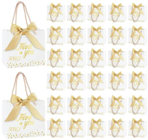 50 Stück Thank You Geschenktüten Papier mit Hellgold Seidenband und Griff | Weiß Klein Dankeschön Geschenktüte mit Oberer Spitze für Partys Feste Hochzeiten Babyparty Weihnachten Festival-14×6×12,5cm