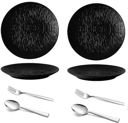 Set di stoviglie in porcellana per 2 piatti da dessert e pizza da 15 cm, con cucchiaio e forchetta, lavabili in lavastoviglie e adatti al microonde, colore: nero