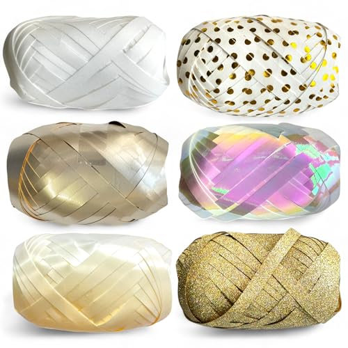 Set Ringelband Polyband Geschenk-Band Geschenkschleifen zum Basteln und Verpacken - glänzend & matt sortiert (weiß - creme - gold, 6 Rollen Geschenkband je 10m)