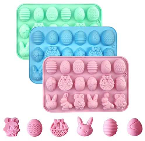 Ostern Silikon Schokoladenformen 3er Set - Silikon Schokoladenform zu Ostern mit 18 Hohlräumen in Ei, Hase & Korb Formen, Antihaftende Ostern Backform Kuchenform für Pralinen & Gelee