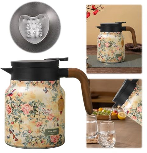 Doresty Vintage Floral Pattern Tea Thermos Built-in Infuser, Raidley Teapot with Infuser, 1L Stainless Steel & PP, Plastic Lid, E Color