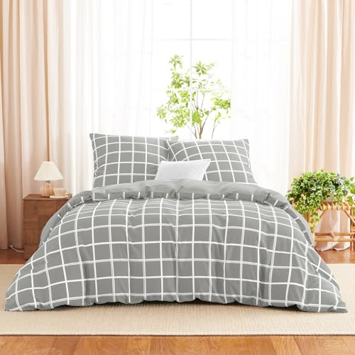 WAVVE Bettwäsche 200x200 3teilig Bettbezug Mikrofaser Bettwäsche-Sets 200 x 200 cm mit 2 Kissenbezüge 80x80cm, ÖKO-TEX, Wendebettwäsche Bedding Grau Karomuster Muster mit Reißverschluss