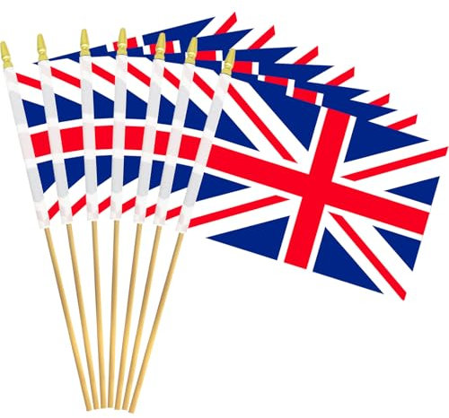20 Pack 14 x 21 cm Small Handheld UK Flags on Wooden Sticks with Gold Spear Tops, Double-Sided Mini Union Jack Flags for Parades, British National Day, School Events, and Patriotic Decorations