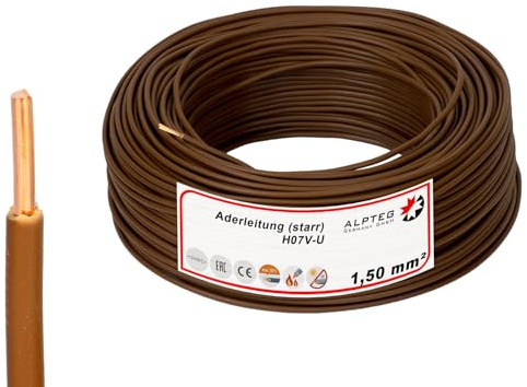 ALPTEG 100m H07V-U Aderleitung Einzelader Verdrahtungsleitung starr (100m - 1,5mm² - Braun)