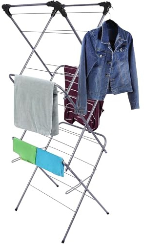 ASAB Foldable Clothes Airer 14m Drying Space Clothes Drying Rack with Non-Slip Feet Laundry Dryer Stand Corner Space for Hangers Compact Clothes Horse Dryer Washing Maiden (Silver/Black 14M)