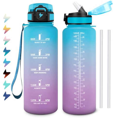Borraccia Sportiva 1,5L, a Prova di Perdite, Facile da Aprire, Bottiglia Acqua Palestra con Indicatore del Tempo, Bottiglia con Cannuccia, Borraccia per Palestra, Corsa, Ufficio, Campeggio, Scuola