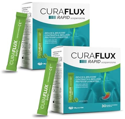 Marco Viti CURAFLUX RAPID doppio pack Sospensione Orale 30 Stick Pack da 10 ml – Con Sodio Alginato, Bicarbonato e Calcio Carbonato, Sollievo Rapido da Reflusso, Bruciore, Iperacidità, Digestione