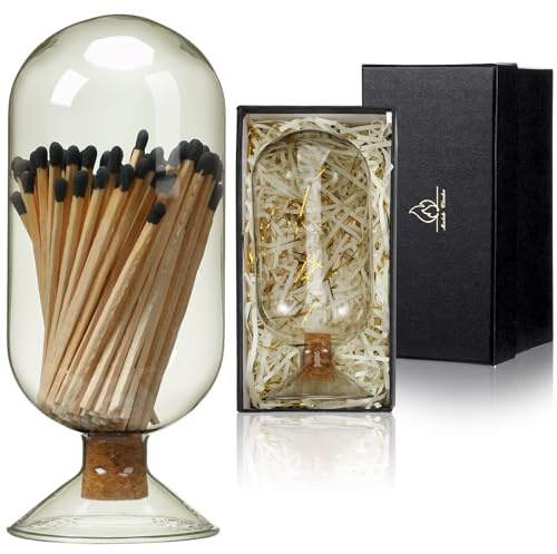 Qinyoung Smoke Gray Glass Match Cloche Holder Decorative Matches Jar Gift Set Fireplace Display Decor with Black Gift Box White Raffia, Not Include Sticks, 2.95 x 7 Inch