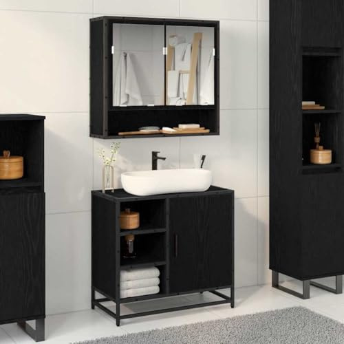 KTHLBRH Lavandino da bagno industriale con mobile in legno duro e acciaio nero, ampio stoccaggio e design urbano per bagni moderni, facile montaggio e struttura resistente