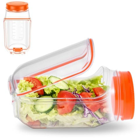 Cápsula de ensalada de plástico reutilizable con apertura lateral, contenedor vertical a prueba de fugas, tapa desmontable, apto para lavavajillas para separación húmeda y seca, almuerzo, preparación