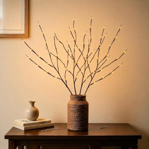 4-Branch 72cm Warm White Twig Light, 80 LED Beads Branch Light with UK Plug | 6.5ft/2m Pre-Wire Festive Lights for Floor Vase Home Indoor décor (No vase Included)