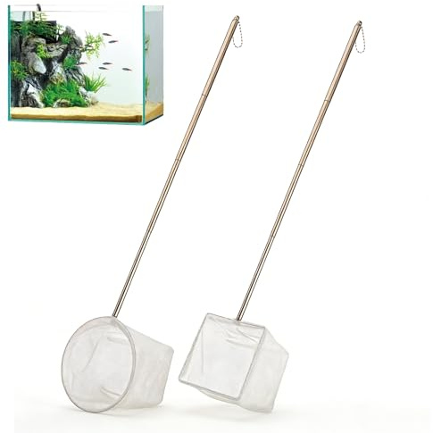 2 Pcs Aquarium Fish Nets,Small Fish Tank Nets with Extendable Long Handle | Fits for Shrimp Tanks Pond Round and Square Nylon Mesh Long Extendable Handle Catch Fishes Durable Stainless Steel (white)
