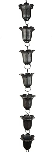 NACH Robuste Tulpen-Regenkette aus Gusseisen, dekorative Regenketten für Dachrinne, Fallauslauf, Außenablauf, 243,8 cm (2,4 m), Antikschwarz, JS-RNC004