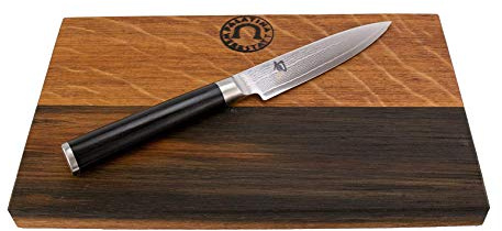 Kai Shun Messer Angebotsset - Classic DM-0716 - ultrascharfes Japanisches Messer mit 10 cm Klinge aus Damaststahl + von Hand gefertigtes Schneidebrett Unikat