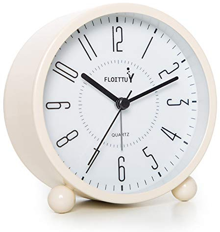 FLOITTUY Super Silent Metal Alarm Clock,Beep Wake Round Alarm Clock with Night Light,Battery Operated,Easy Set,Simple & Retro for Desk, Bedroom and Home Decoration(Creamy White)