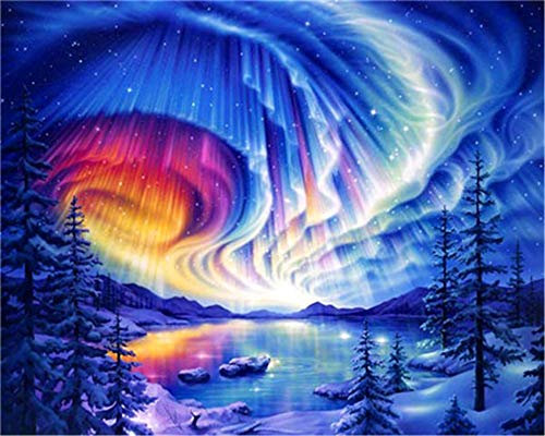 YEESAM ART DIY Ölgemälde Malen nach Zahlen Erwachsene Kinder, Verzaubert See Landschaft Aurora Borealis Zahlenmalerei ab 5 Öl Wandkunst (Aurora, mit Rahmen)