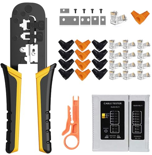 MAYLINE Crimper RJ45/RJ12/RJ11Crimp Network Tool Set, Ethernet Computer Maintenance Wire Crimping Stripping Repair Kit for CAT5 CAT6 Cable Tester Repair Wire Stripping Cutter Coax Plug(Black)