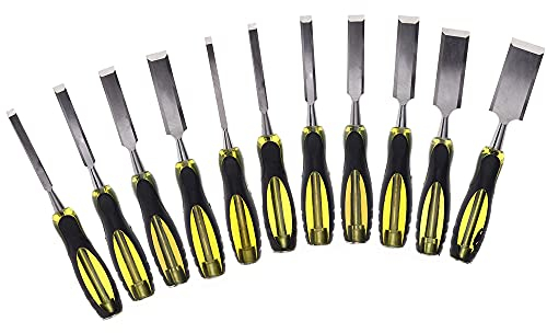 Stechbeitel Set 11 Stück Holzmeißel Set Chrom Vanadium Stahl Stechbeitel Set stoßdämpfender Griff Holzschnitzmeißel mit abgeschrägter Kante zum Schnitzen in der Holzbearbeitung